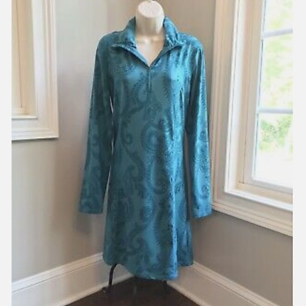 TEHAMA Long Sleeve Teal Paisley Athleisure Stretch Dress